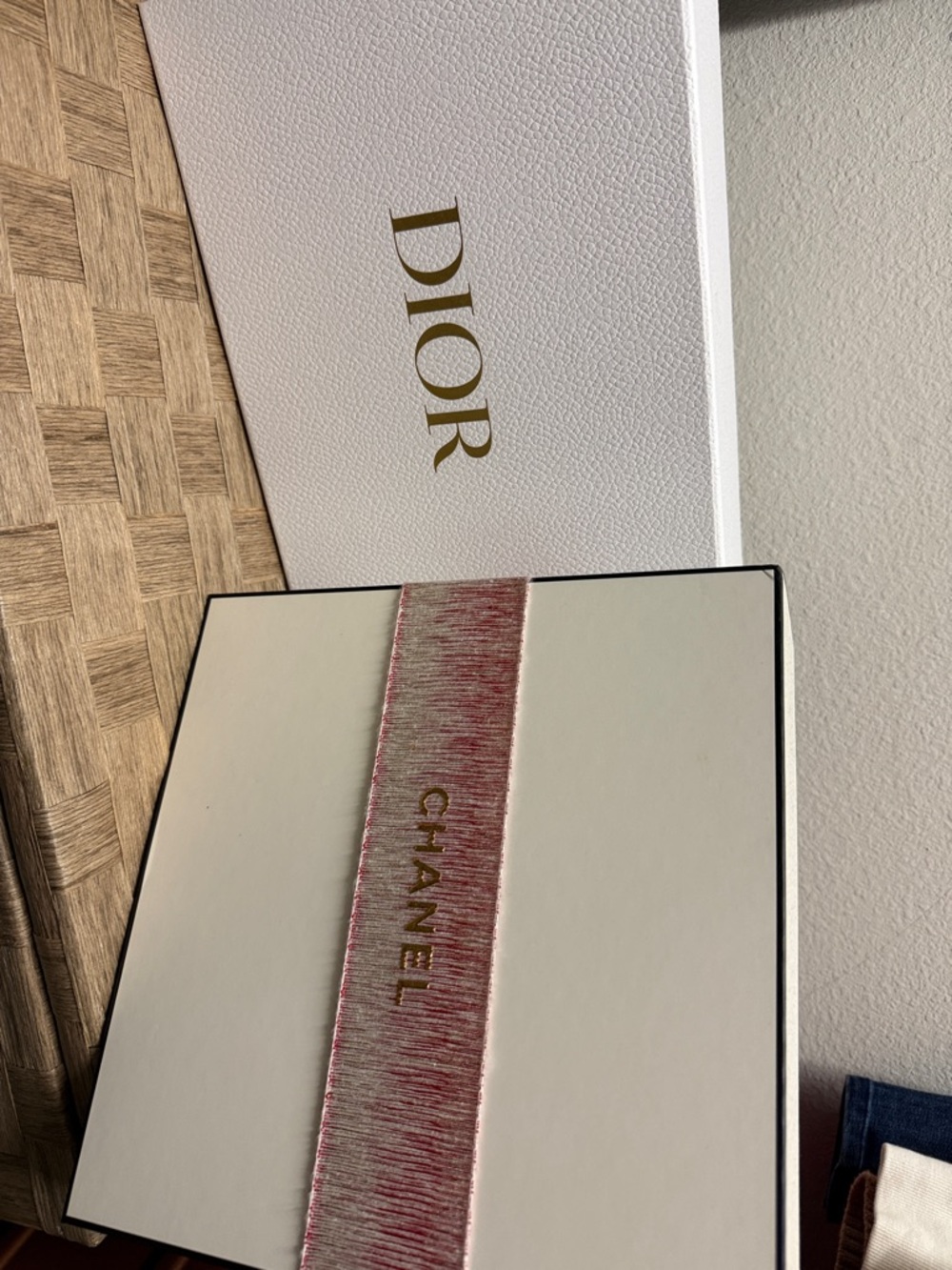 CHANEL Cream Box with Pink-Accented Velvet Ribbon and Dior large gift box
